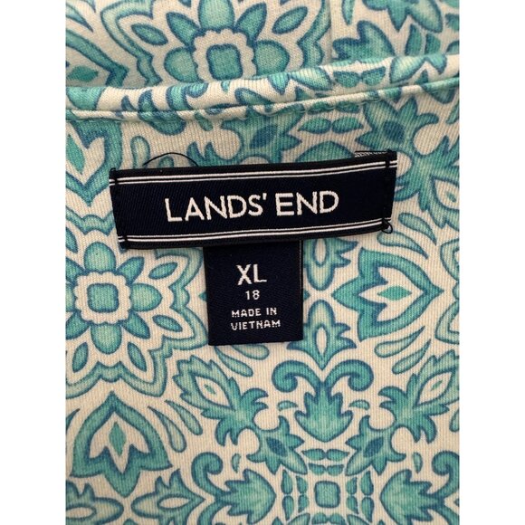 Lands' End Teal White Print Faux-Wrap Soft Knit Dress Size XL 18 Plus Sz Summer - Picture 4 of 4